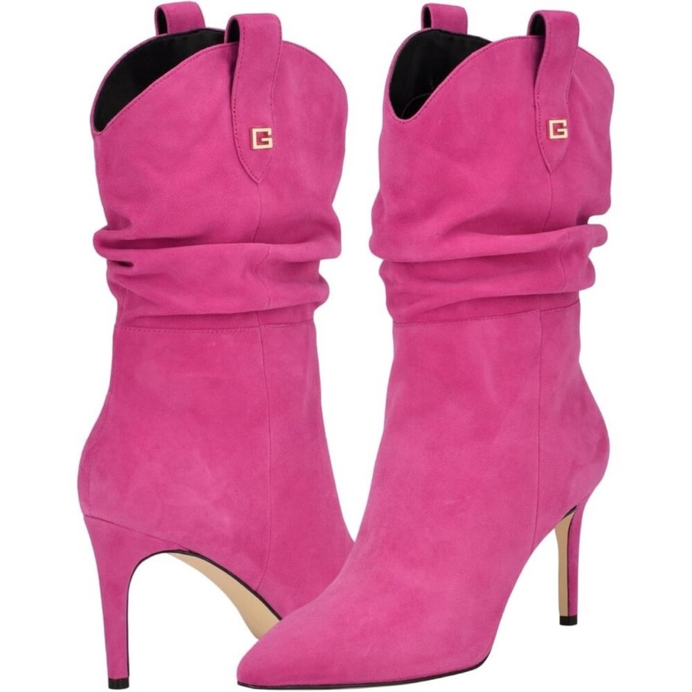 NEW! Guess Shoes Benisa Pink Suede Slouchy Western Heeled Ankle Boots Size 8.5 - Picture 1 of 13